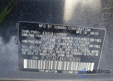 2019 Subaru Crosstrek Premium z USA, uszkodzony, nr VIN JF2GTAEC4K8390699